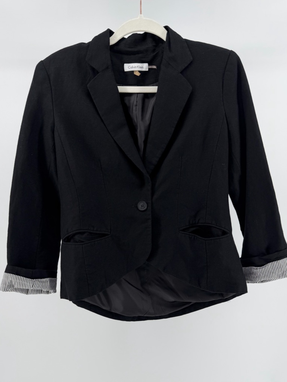 Calvin Klein Black Linen Blend Blazer, Striped Cuffs, Women's 2